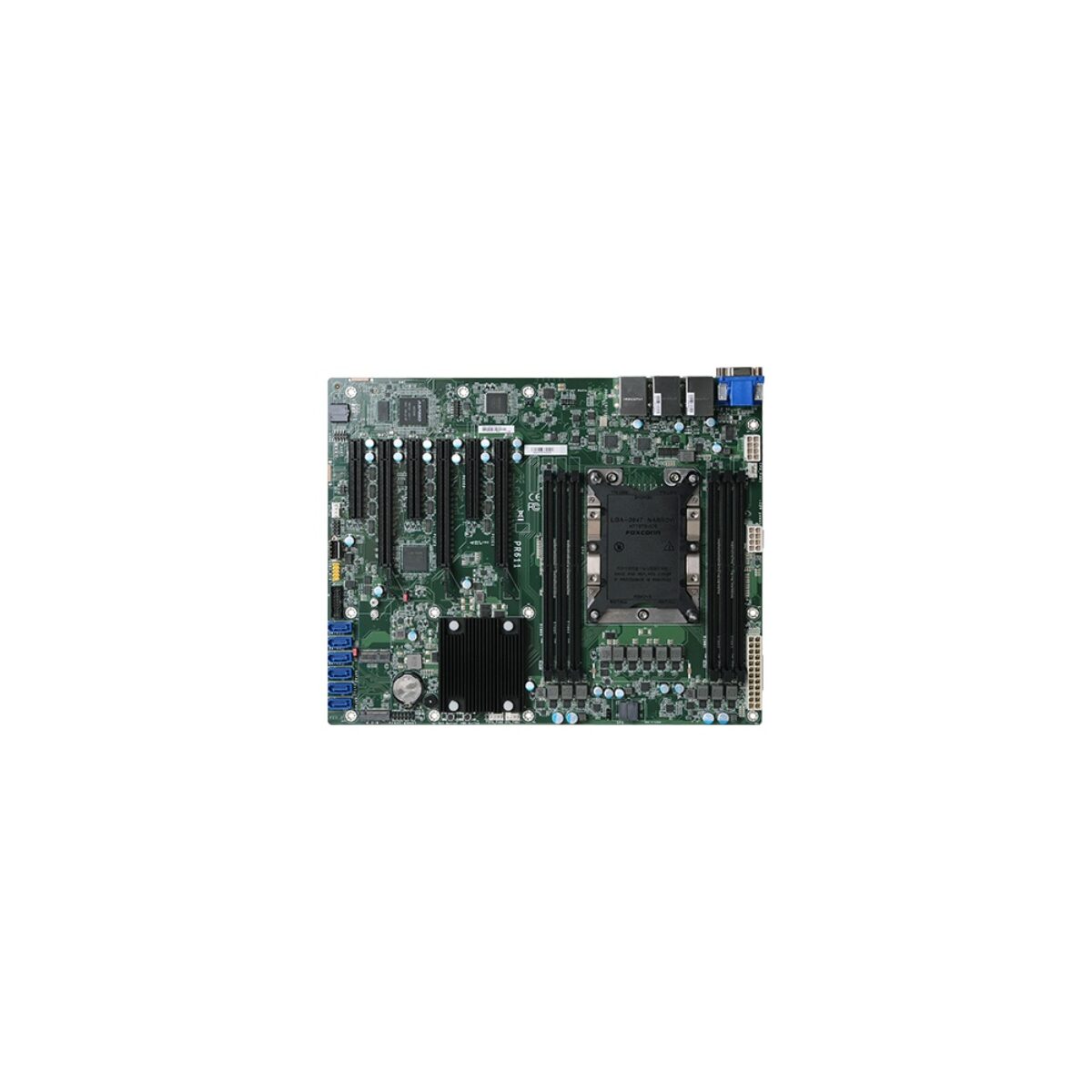 DFI PR611 ATX server board, top view showing the LGA socket, DIMM slots either side, PCIe slots and SATA