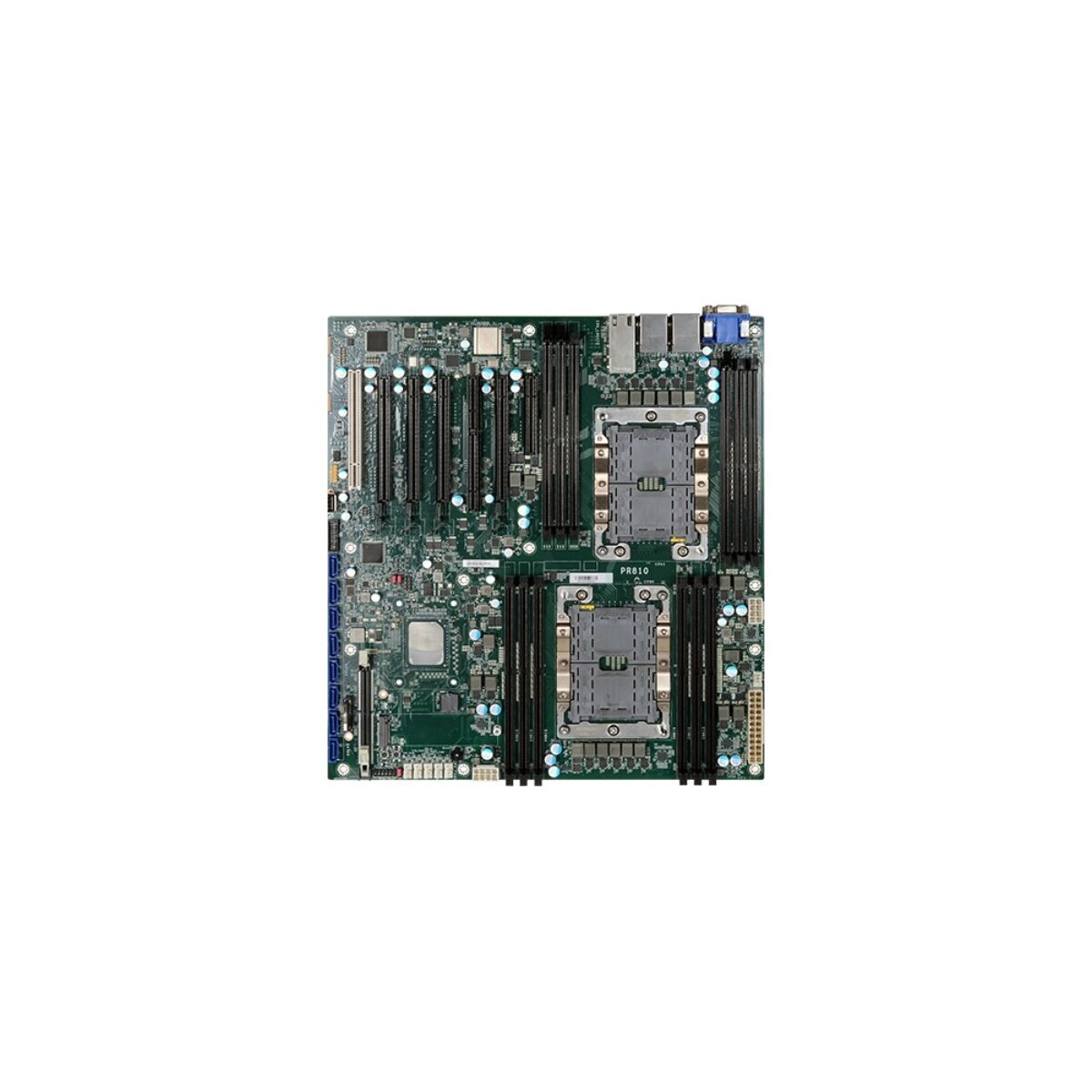 DFI PR810 EATX server motherboard, top view showing two CPU sockets, DIMM banks, PCIe slots and SATA ports