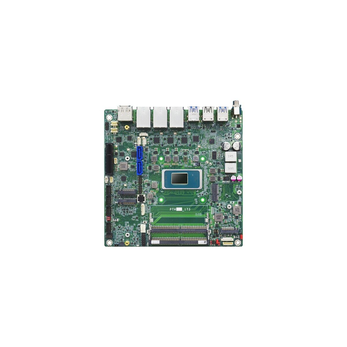 DFI PTH171 Mini-ITX motherboard, top view without cooler showing the processor, three RJ45, SO-DIMM slots and M.2 slots