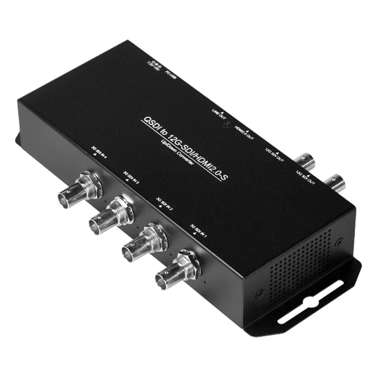 Yuan QSDI to 12G-SDI/HDMI2.0-S broadcast video converter, angled view