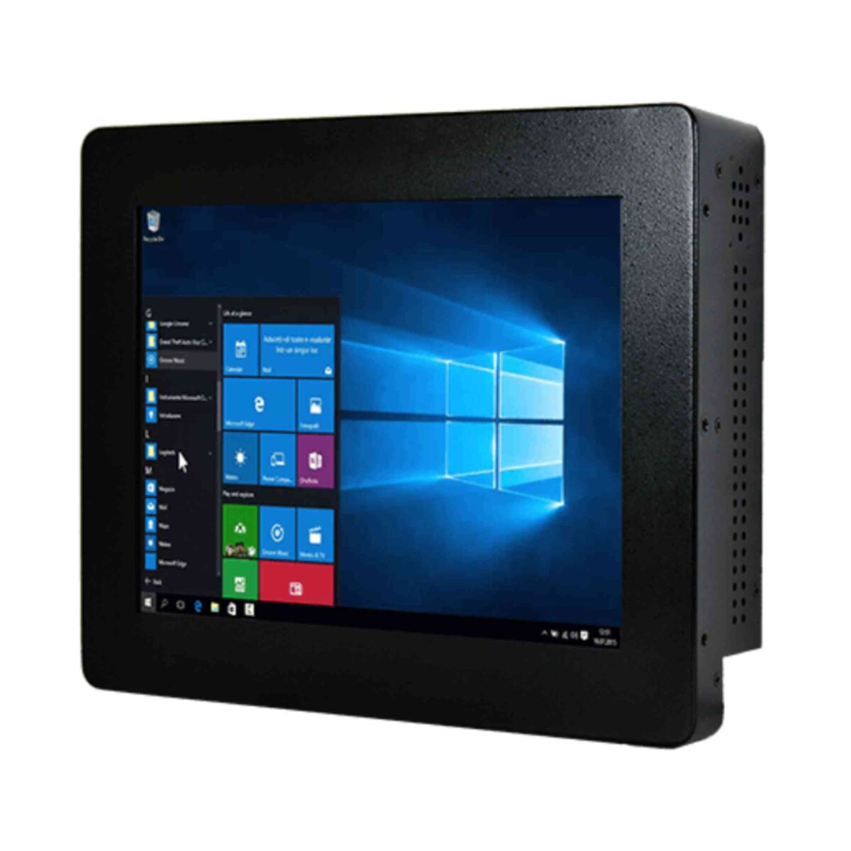 Winmate R08IE3S-CHT1WT panel PC, angled view of the black chassis with vented sides