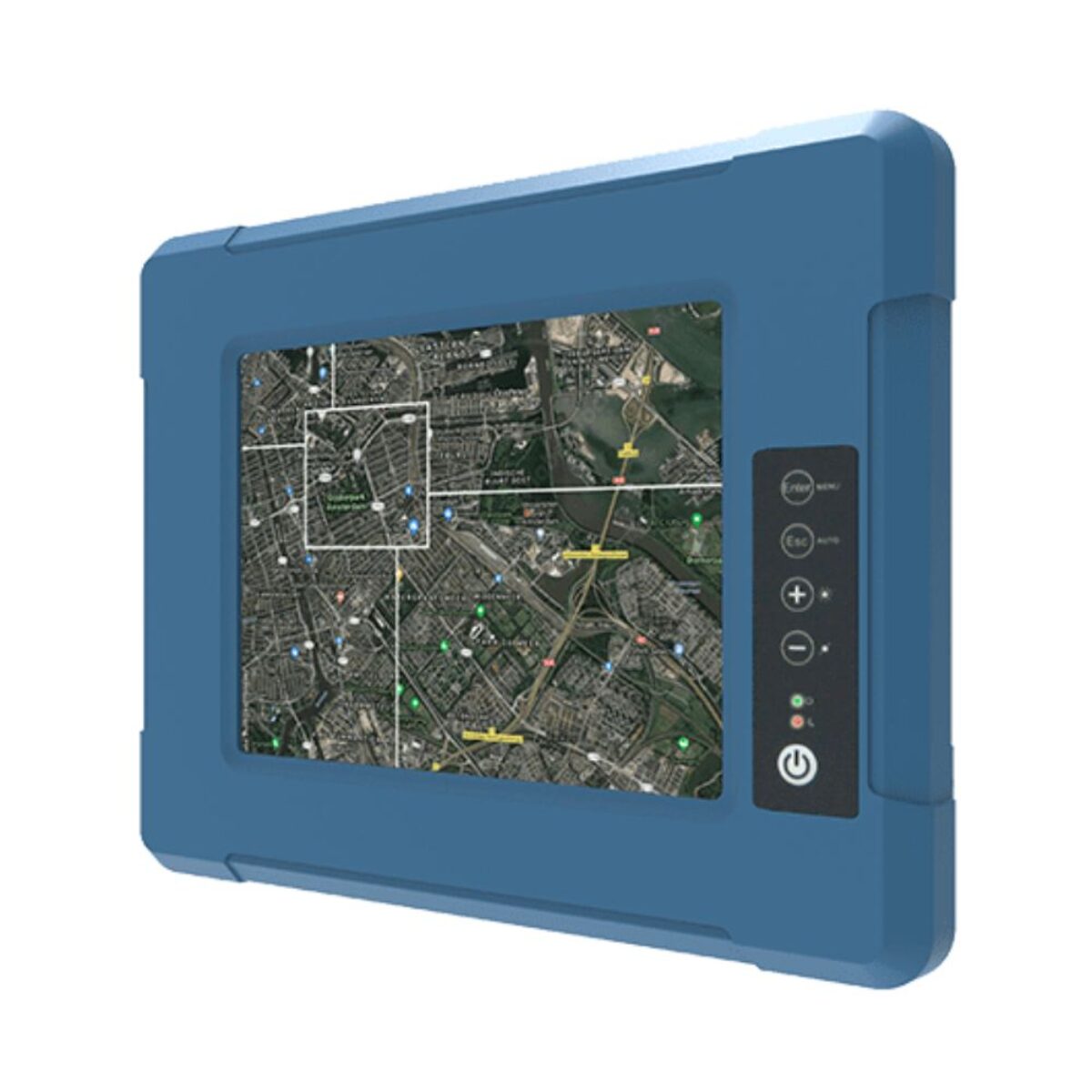 Winmate R08L100-MLU1 rugged display, front three-quarter view of the blue housing with side OSD keys and map on screen
