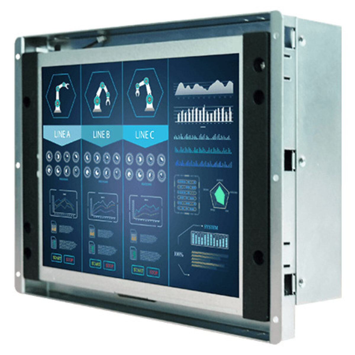 Winmate R08T100-OFA1 open frame monitor, angled front view showing the open metal chassis and side brackets