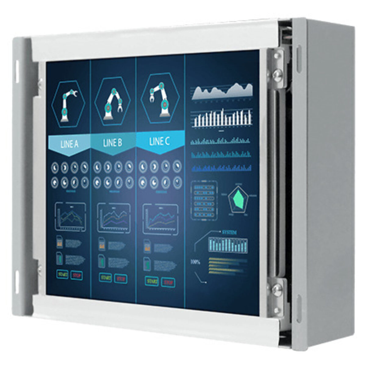 Winmate R08T200-OFT1HB open frame monitor, angled front view showing the metal chassis and side brackets