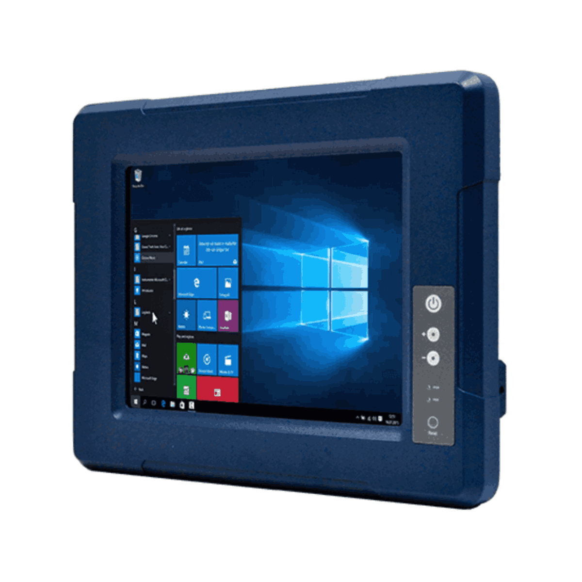 Winmate R10IK3S-VMT2(HB) panel PC, angled front view of the blue rugged housing and side control buttons