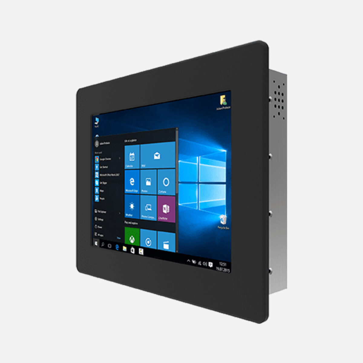 Winmate R10IT3S-IPT2 panel PC, angled front view of the black 10.4 inch bezel