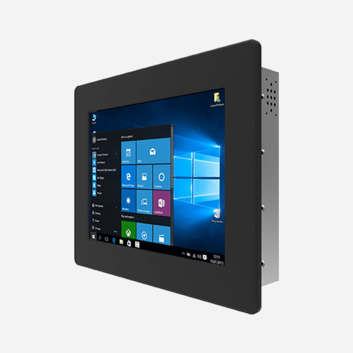 Winmate R10IT3S-PMT2 panel PC, angled front view of the black 10.4 inch bezel