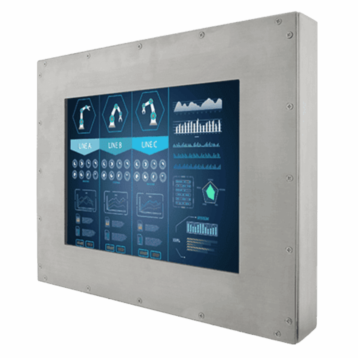 Winmate R10L100-67T2ST stainless steel display, front three-quarter view of the brushed stainless chassis