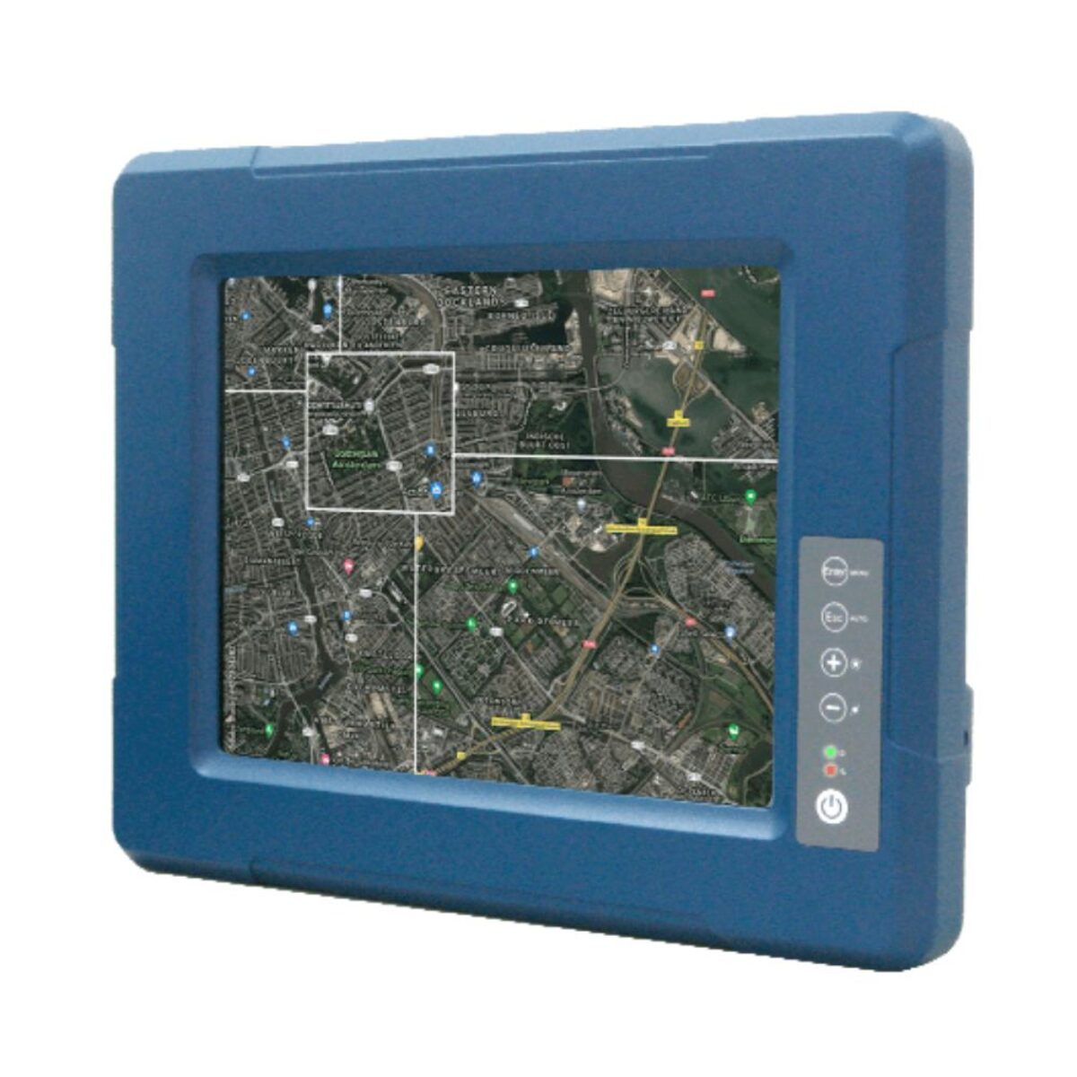 Winmate R10L100-MLP1 rugged display, front three-quarter view of the blue housing with side OSD keys and map on screen