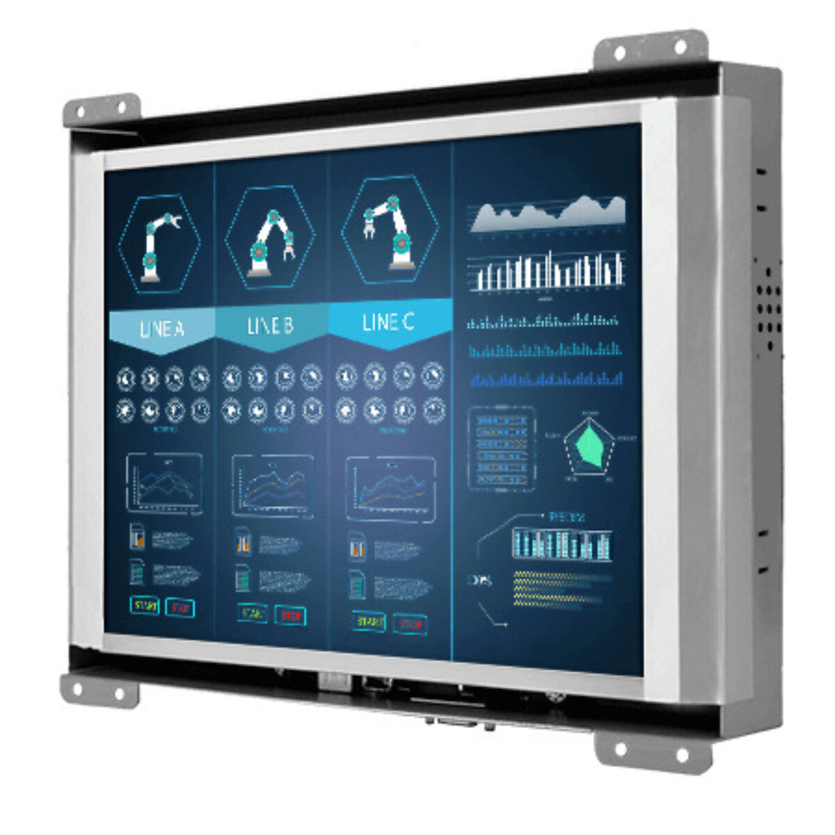 Winmate R10L100-OFT2 open frame monitor, front three-quarter view of the metal frame with mounting tabs