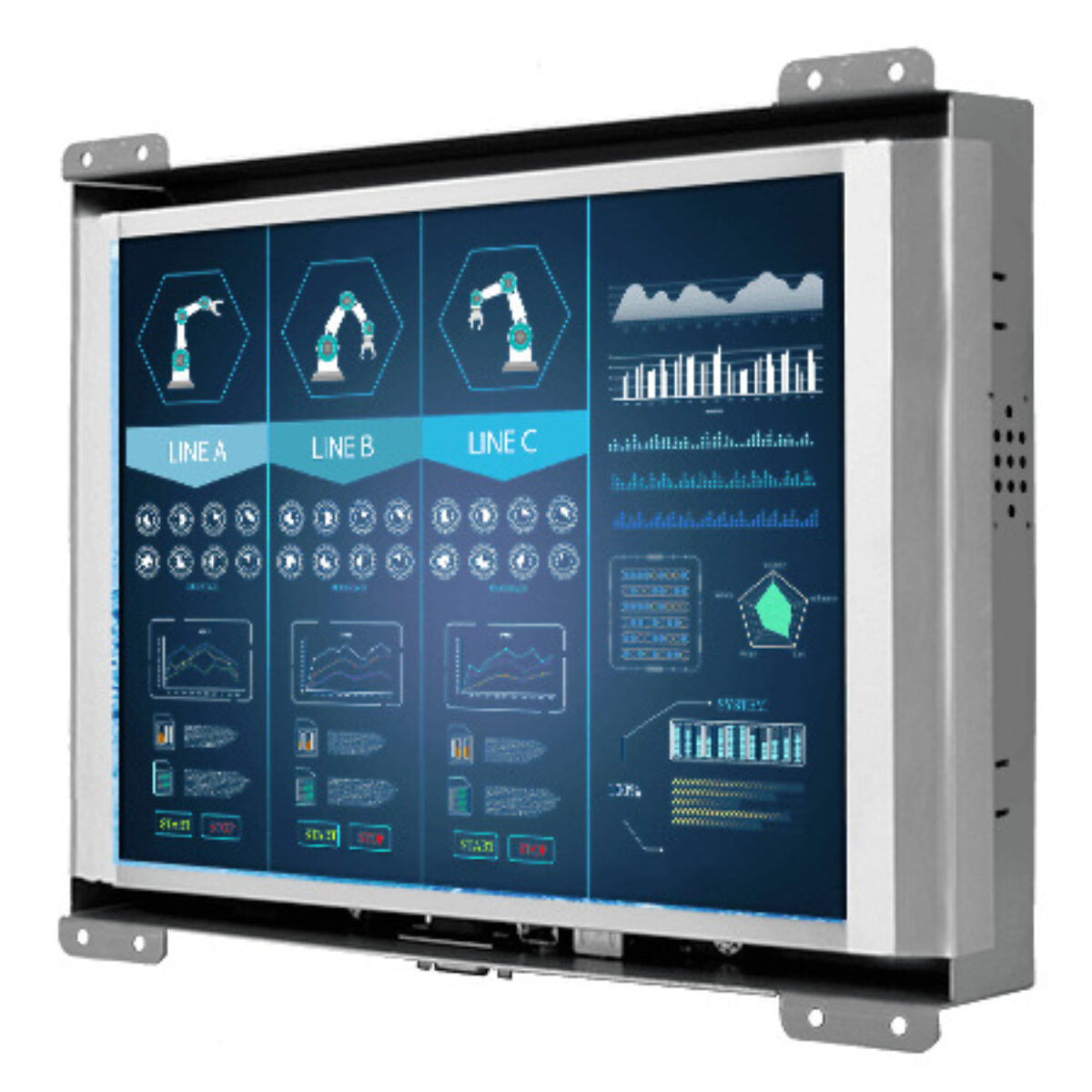 Winmate R10L600-OFP1HB open frame monitor, angled front view with the metal chassis and mounting brackets