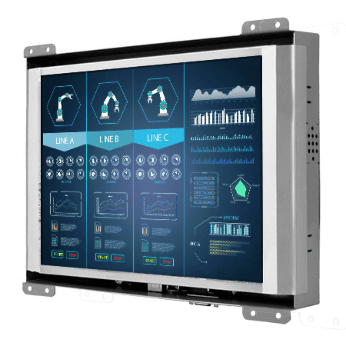 Winmate R10L600-OFP1TR open frame monitor, angled front view with the metal chassis and mounting brackets