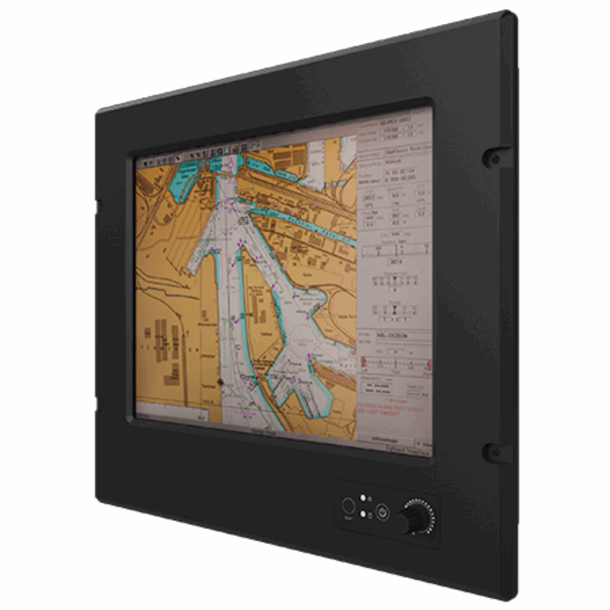 Winmate R12IT3S-MRM2 marine panel PC, angled front view of the black flush-mount bezel with dimming knob
