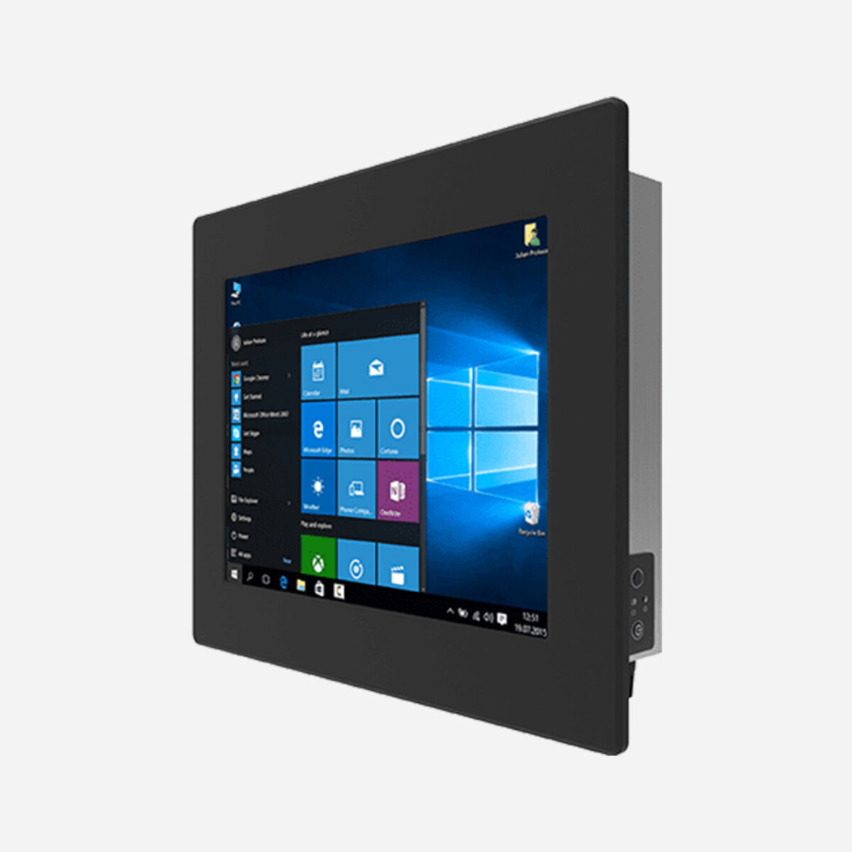 Winmate R12IT3S-PMM2 panel PC, angled front view of the black 12.1 inch bezel