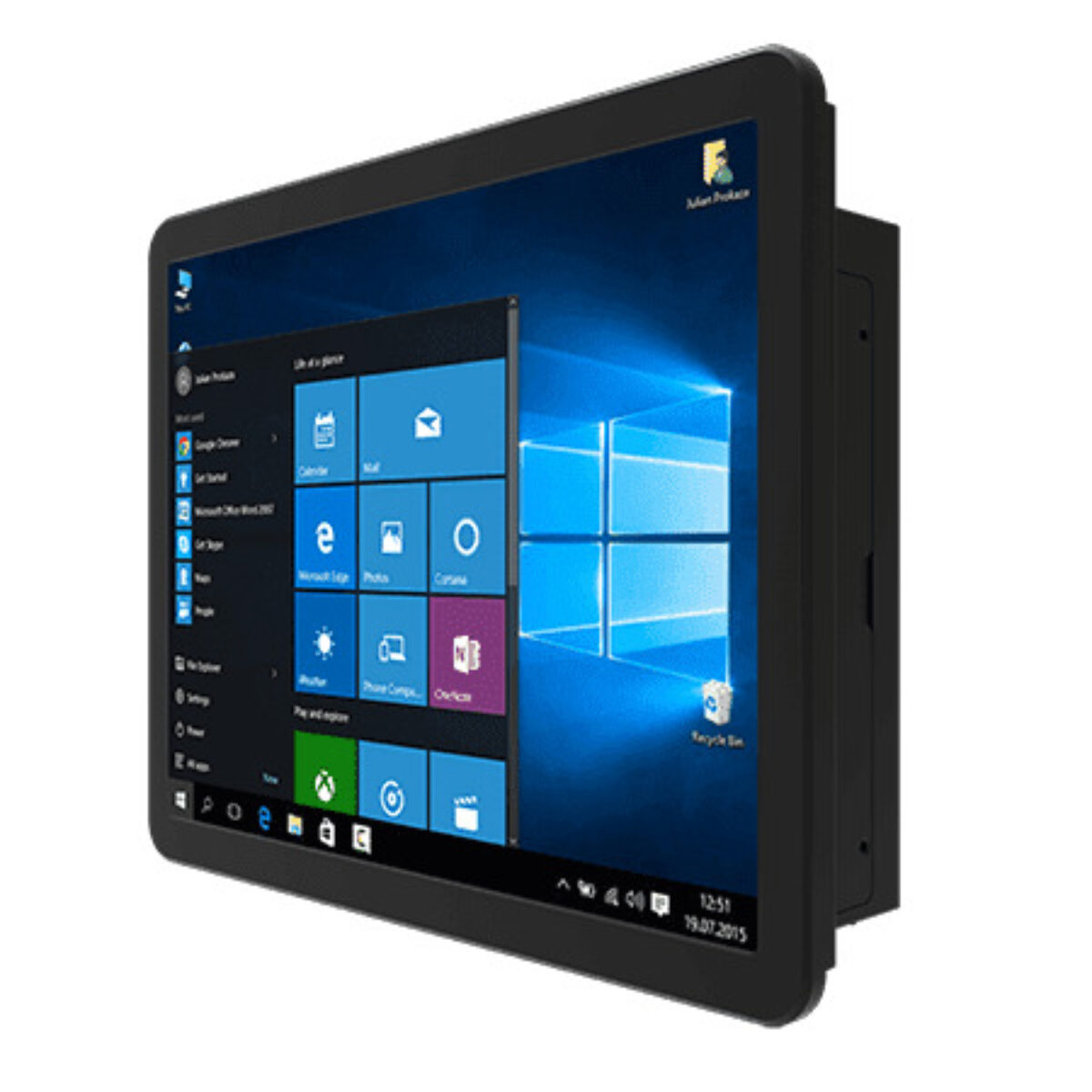 Winmate R12ITWS-MHM2-EX panel PC, angled front view of the flat black front