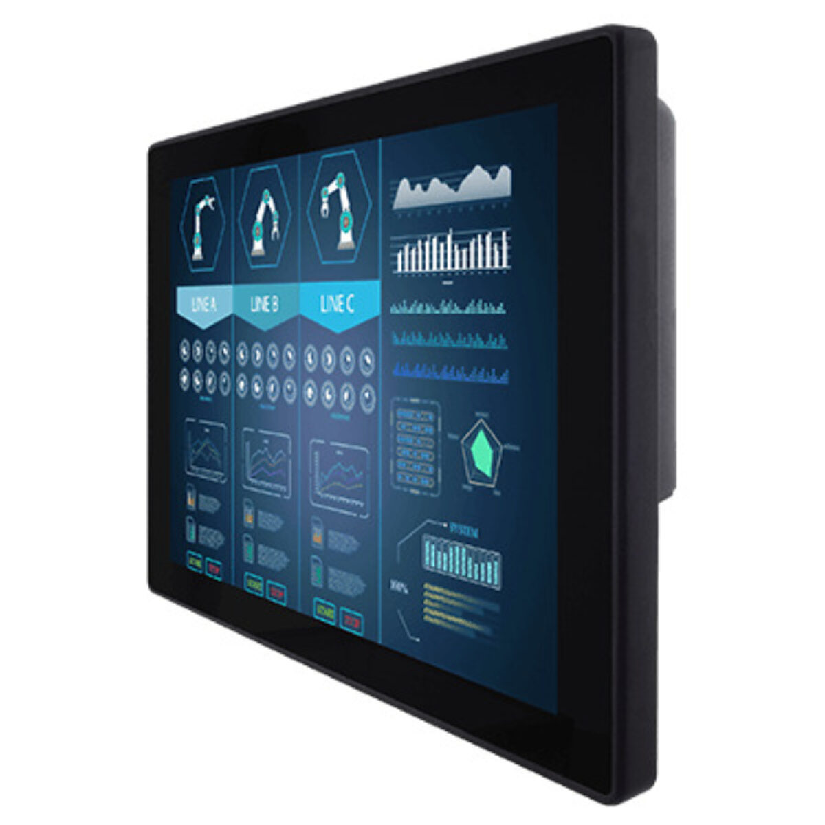 Winmate R12L100-PCM2-POE PoE touch monitor, angled front view showing the 12.1-inch screen and rear housing