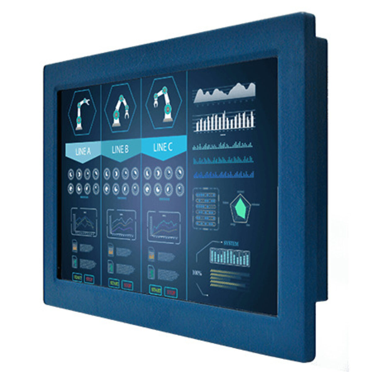 Winmate R12L100-VMM2 touch monitor, front three-quarter view of the blue metal housing and bezel