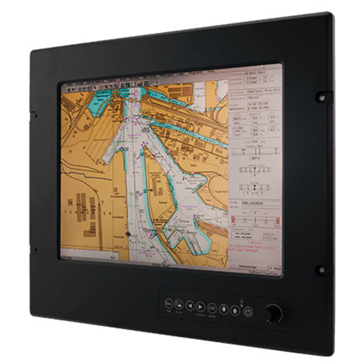 Winmate R12L600-MRM2 marine monitor, angled view of the black bezel, front keypad and dimming knob