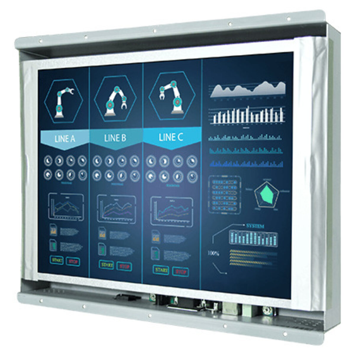 Winmate R12T600-OFL1 open frame monitor, angled front view of the open metal frame and bottom connectors