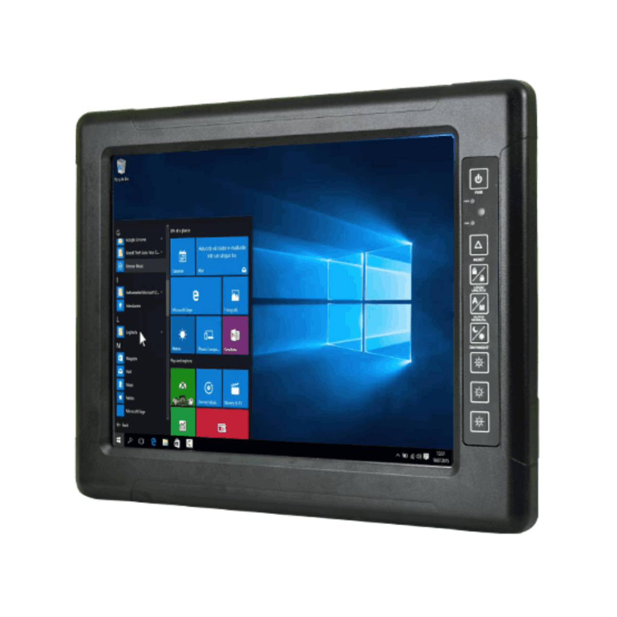 Winmate R15IB3S-67C3(HB) panel PC, angled view of the black sealed housing with front keys