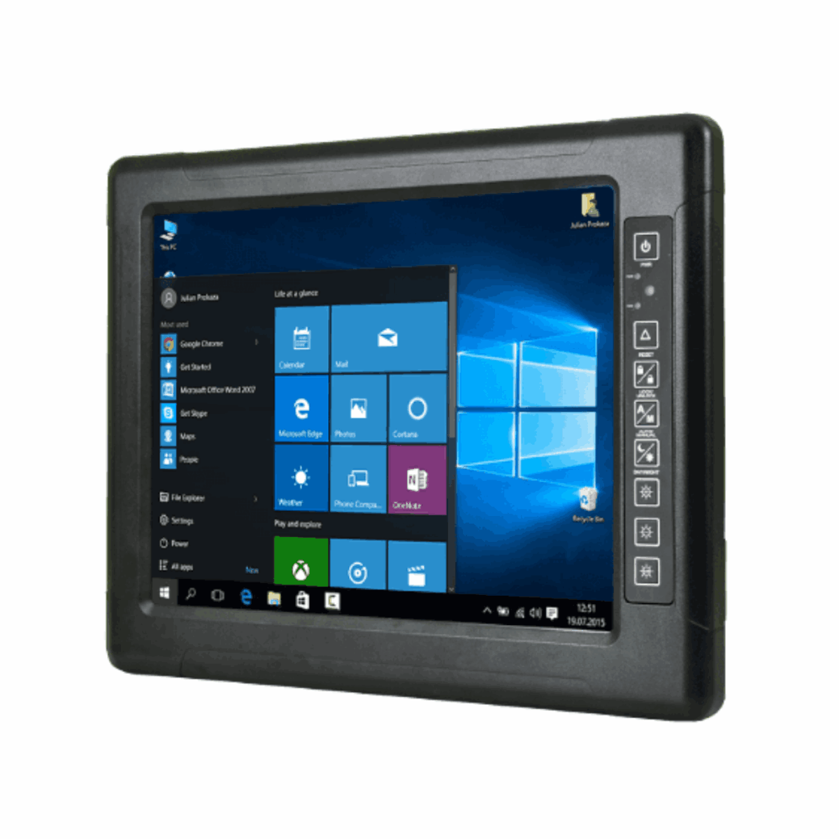 Winmate R15IB3S-VMC3(HB) vehicle mount panel PC, angled view of the black rugged housing with front keys