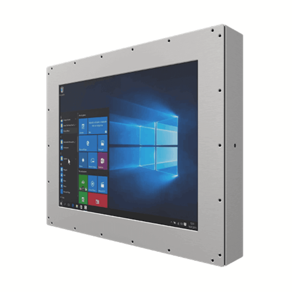 Winmate R15IE3S-67C3ST panel PC, angled view of the screwed stainless steel front