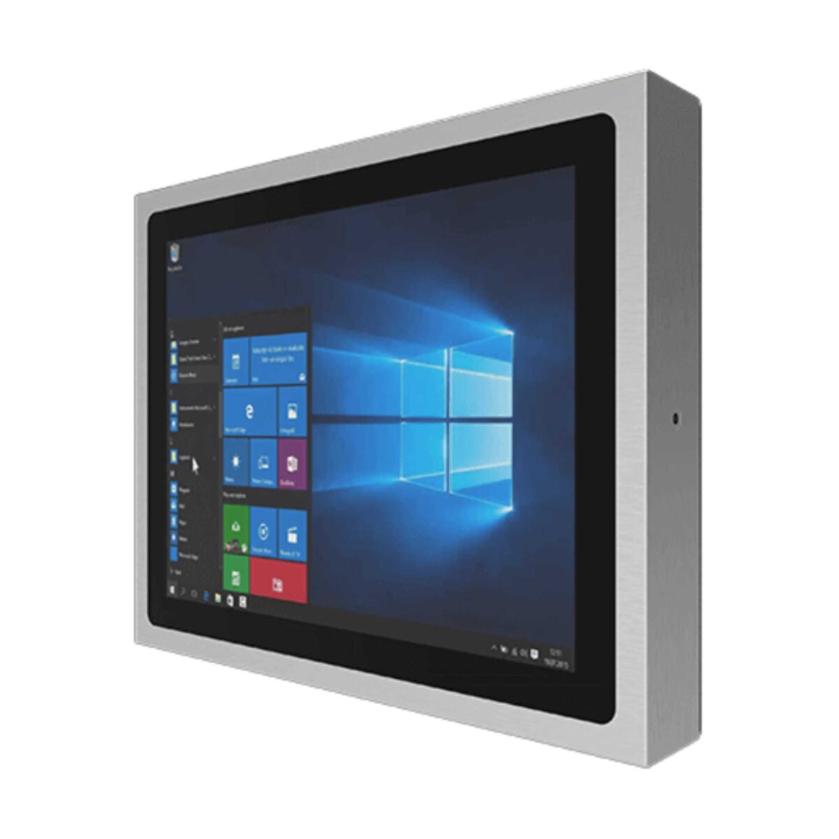Winmate R15IE3S-SPC3 panel PC, angled view of the flat stainless front with edge-to-edge glass