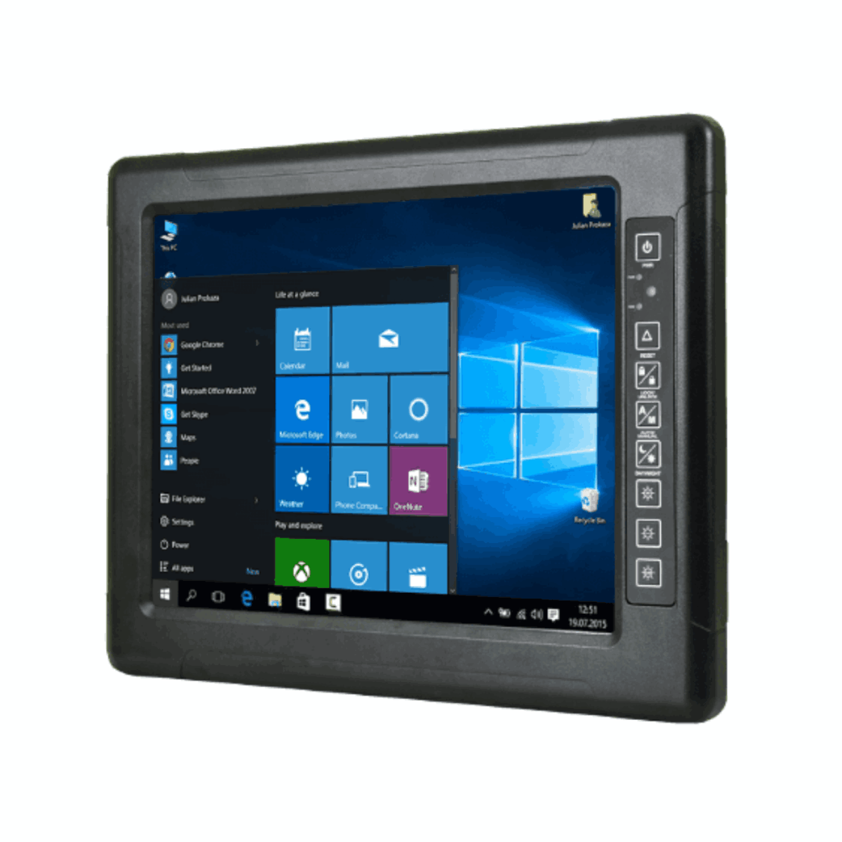 Winmate R15IK3S-VMC3(HB) vehicle mount panel PC, angled front view of the rugged black housing