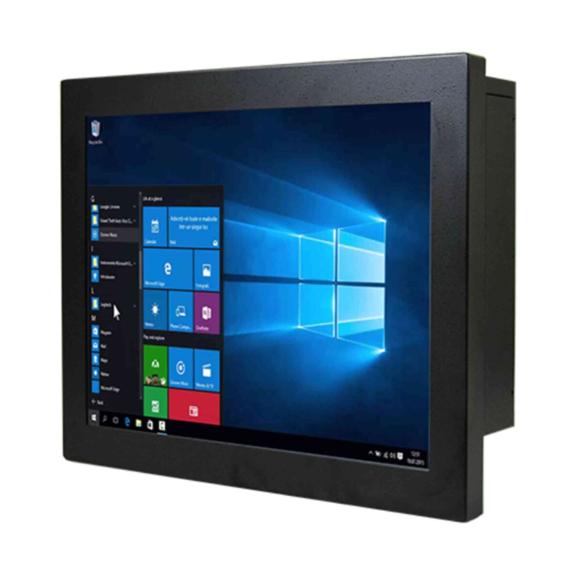 Winmate R15IP7T-CHA3WT panel PC, angled front view of the black 15 inch chassis