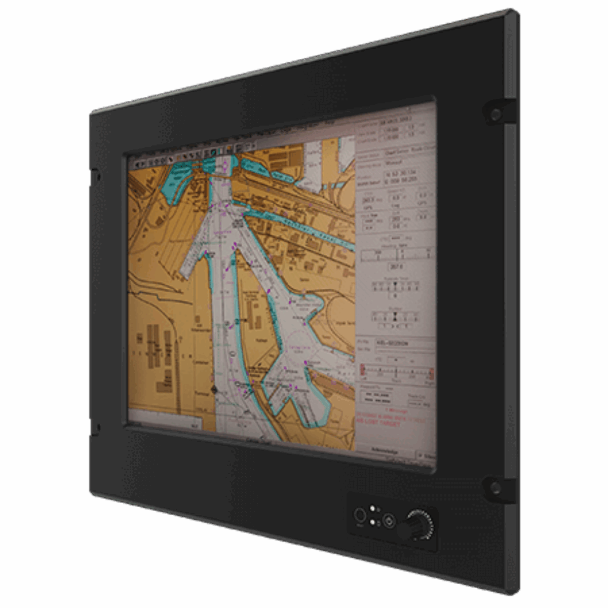 Winmate R15IT3S-MRM2 marine panel PC, angled front view of the black flush-mount bezel with dimming knob