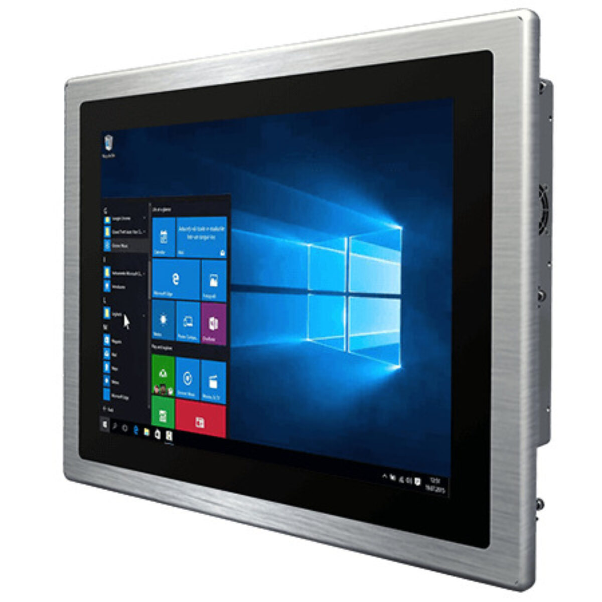 Winmate R15IT7T-PPC3 panel PC, angled front view with brushed aluminium bezel
