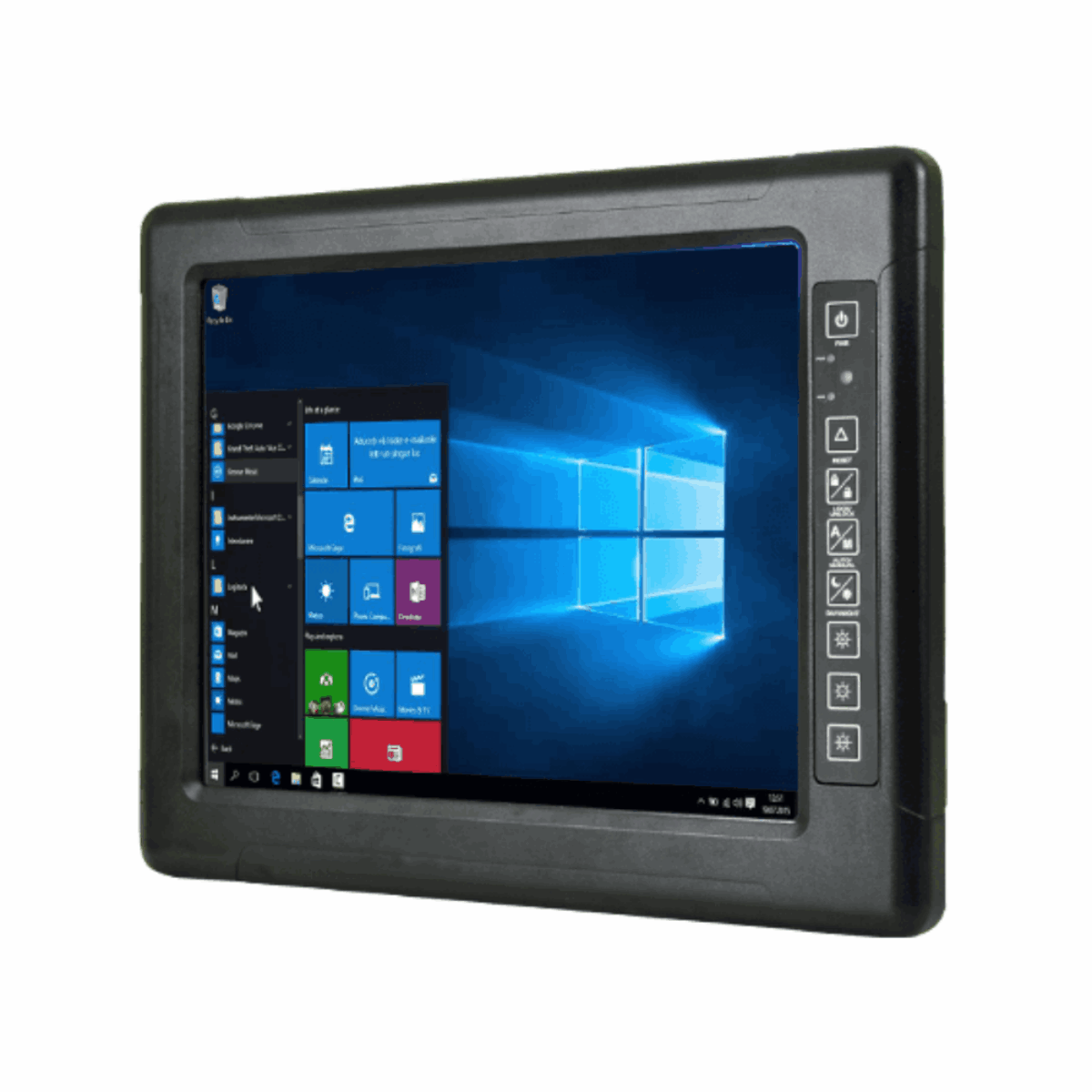 Winmate R15IW3S-67C3(HB) panel PC, angled front view of the rugged housing and column of front keys