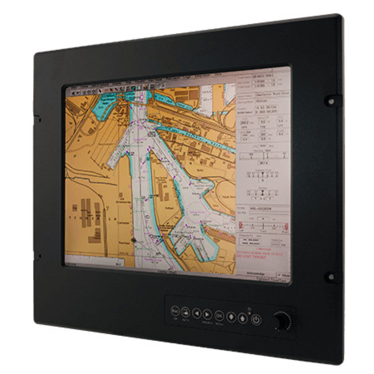 Winmate R15L100-MRC3HB marine monitor, front three-quarter view of the black panel mount bezel with keys and dimming knob