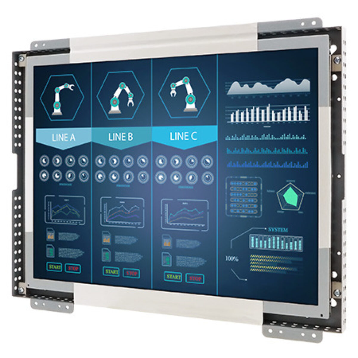 Winmate R15L100-OFA1TR open frame monitor, front three-quarter view of the metal frame with side mounting rails