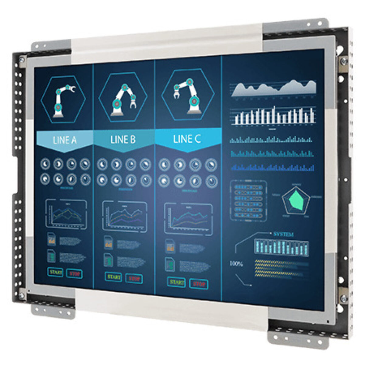 Winmate R15L100-OFC3HB open frame monitor, front three-quarter view of the metal frame with side mounting rails