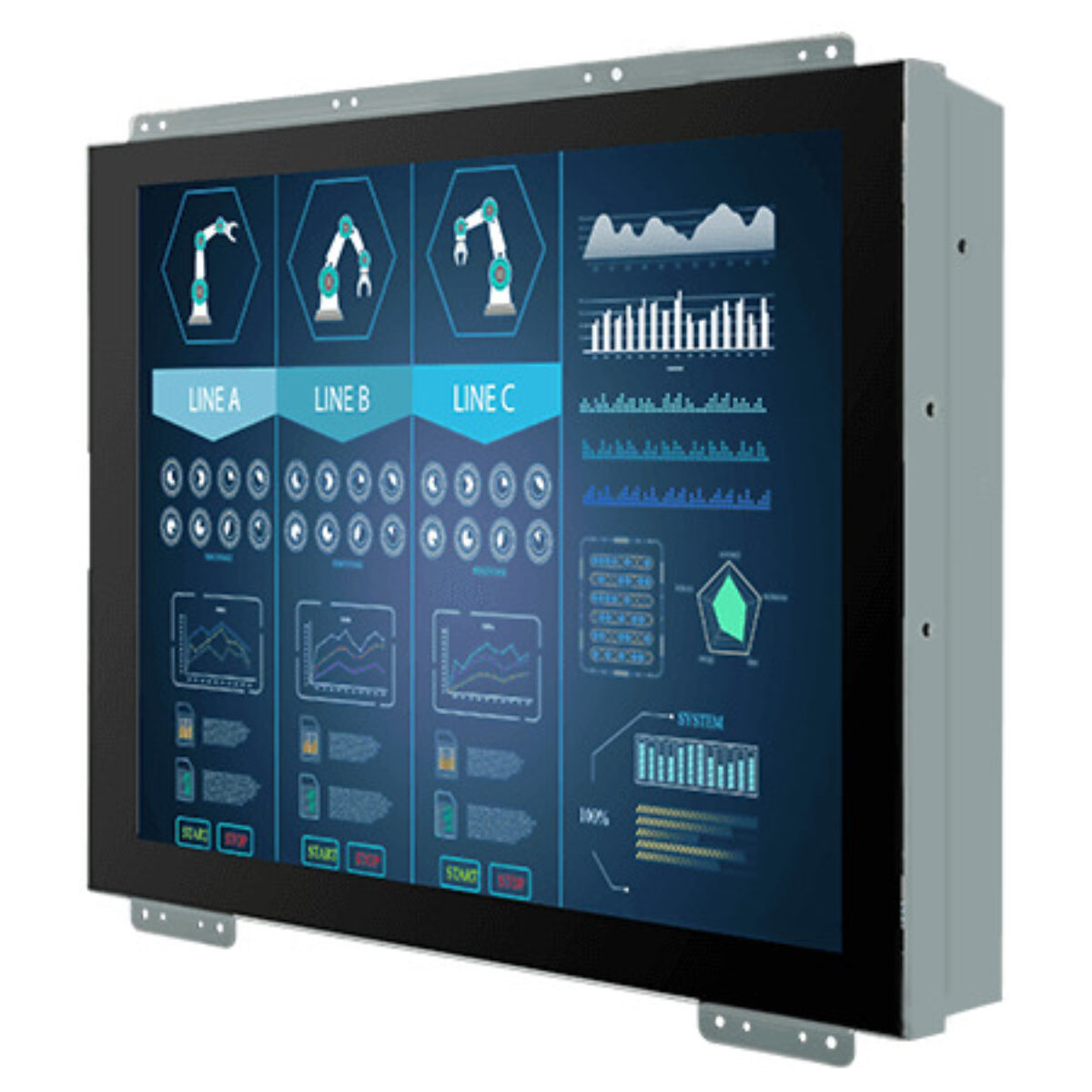 Winmate R15L100-POC3-C industrial monitor, open frame front view at an angle with mounting brackets