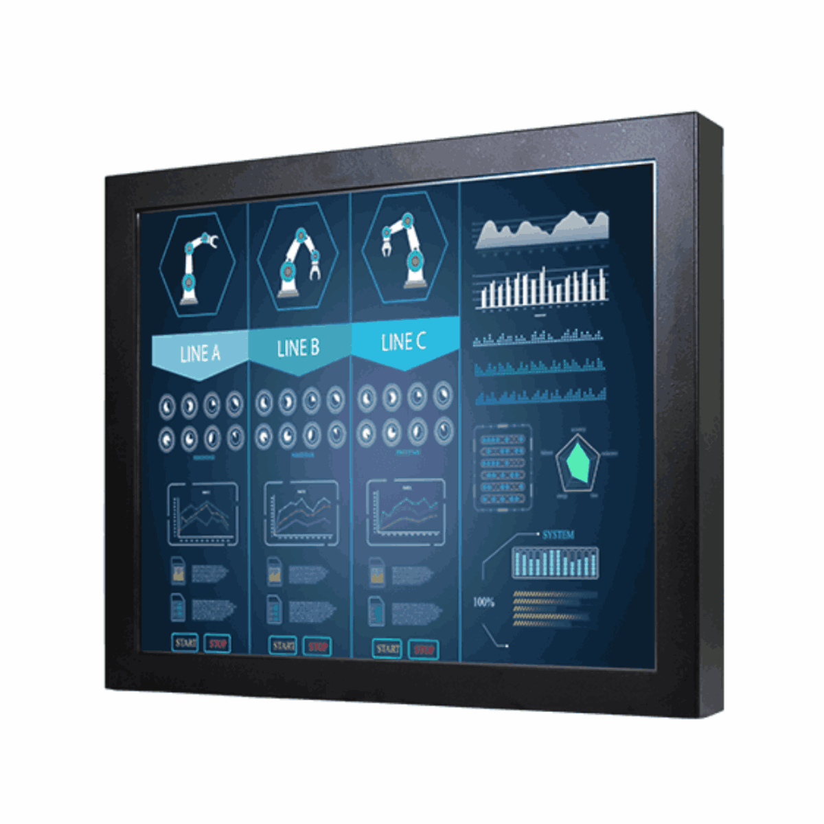 Winmate R15L100-SDA3 SDI monitor, angled front view of the black chassis