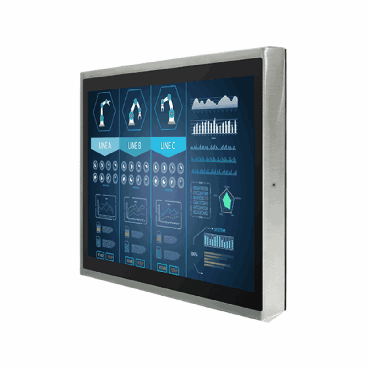 Winmate R15L100-SPC369 IP69K stainless steel monitor, angled front view of the flat stainless chassis