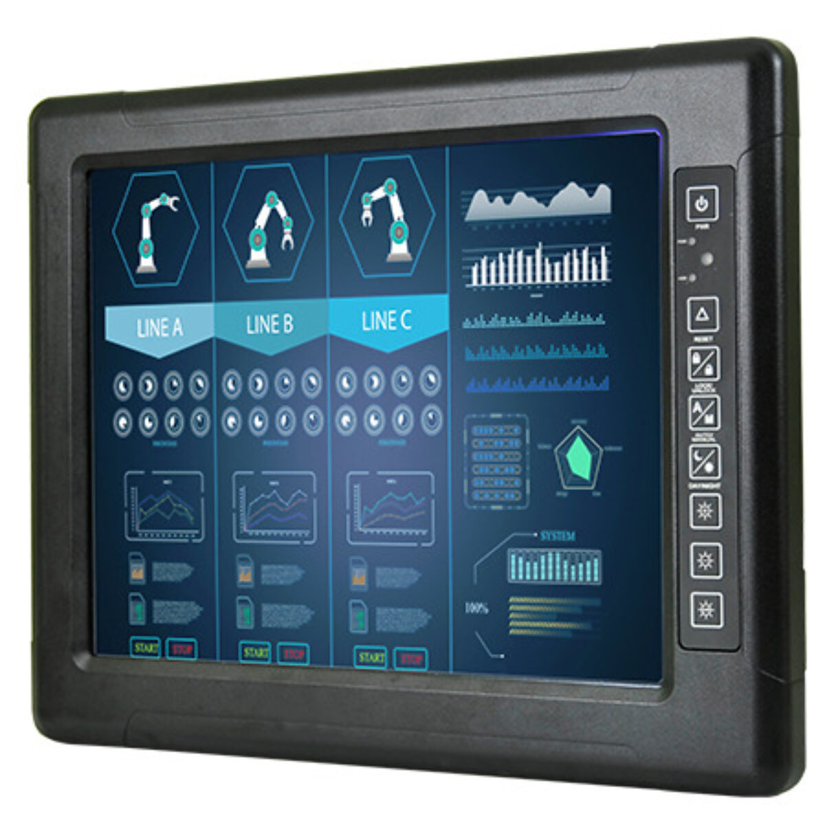 Winmate R15L100-VMC3(HB) vehicle monitor, angled front view with side control buttons