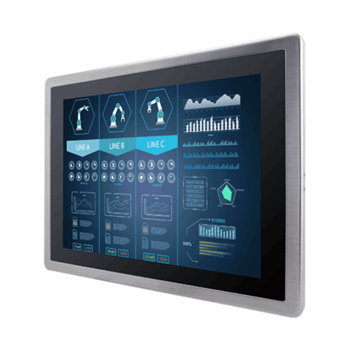 Winmate R15L600-65A1FTP stainless steel monitor, angled front view of the flat stainless steel bezel