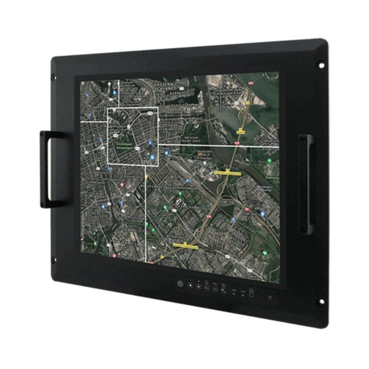 Winmate R15L600-MLA3FP rack mount monitor, angled front view with carry handles and front control keys