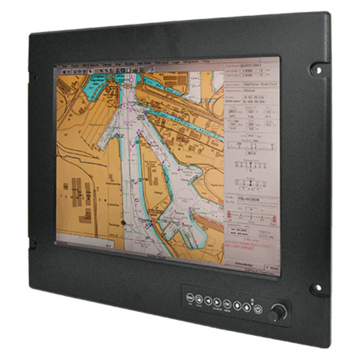 Winmate R15L600-MRM2 marine monitor, angled front view with OSD buttons and dimming knob
