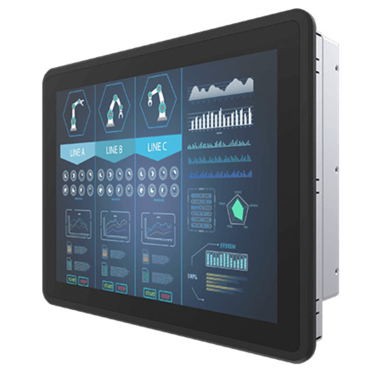 Winmate R15L600-PPC3OD panel mount monitor, angled front view of the bezel and metal rear housing