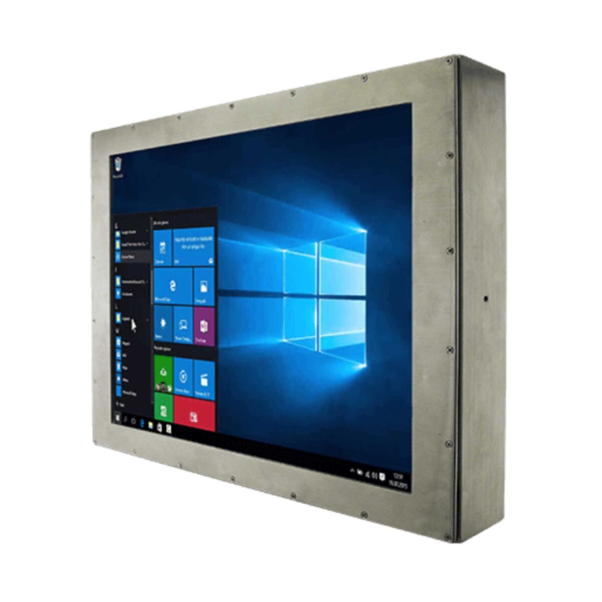 Winmate R17IE3S-67M1ST panel PC, angled view of the screwed stainless steel front