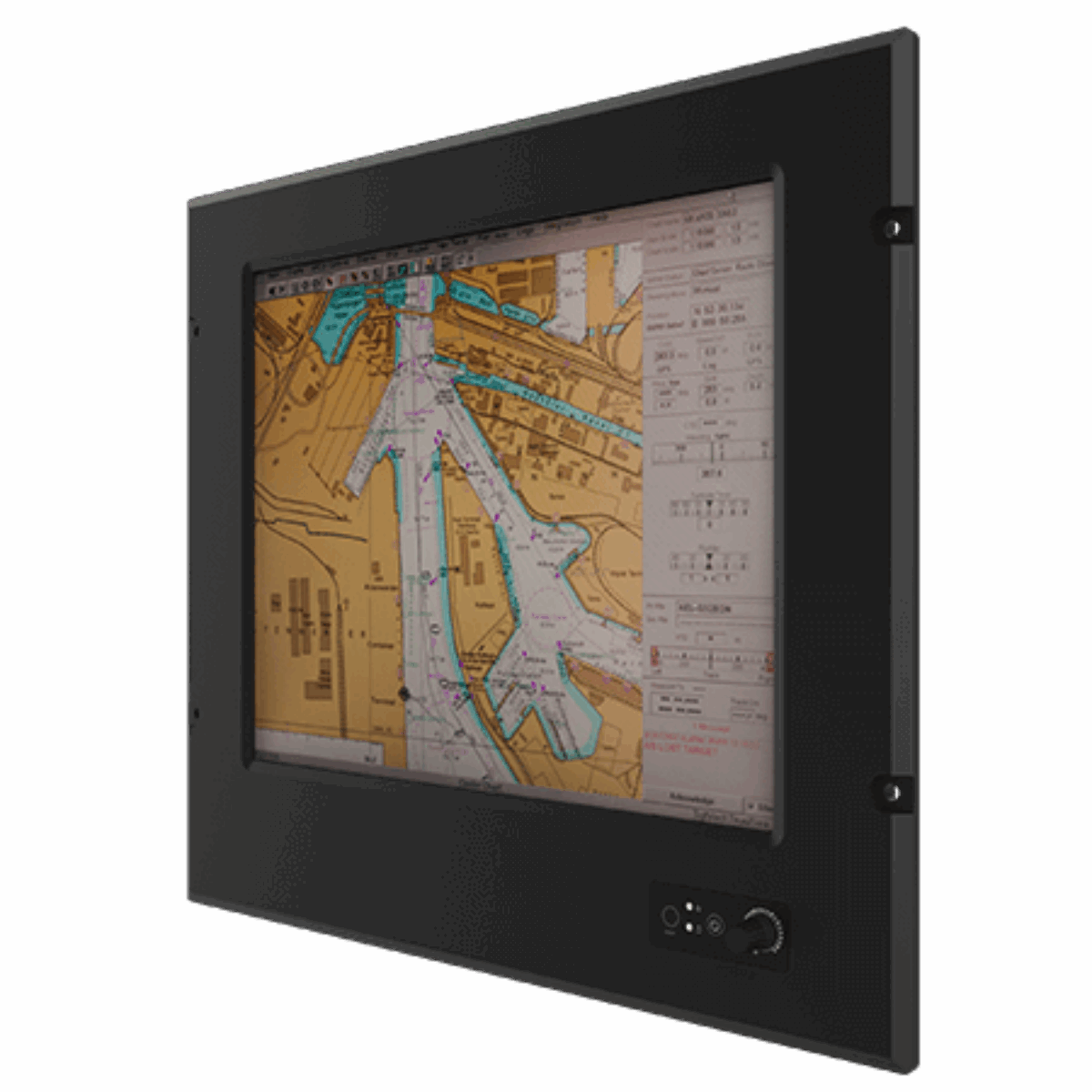 Winmate R17IT3S-MRM1 marine panel PC, angled front view of the black flush-mount bezel with dimming knob