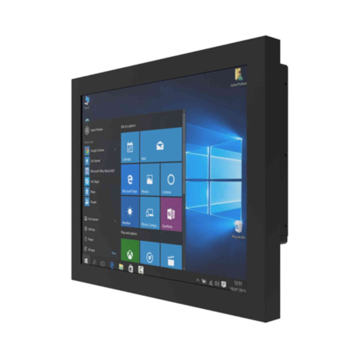 Winmate R17IT7T-CHM1 panel PC, angled front view of the black chassis and display