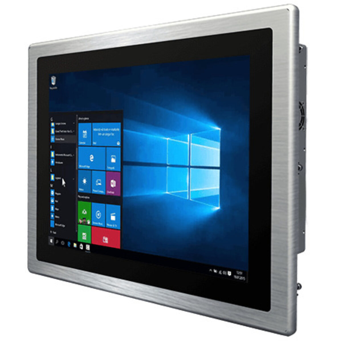 Winmate R17IT7T-PPM1 panel PC, angled front view with brushed aluminium bezel