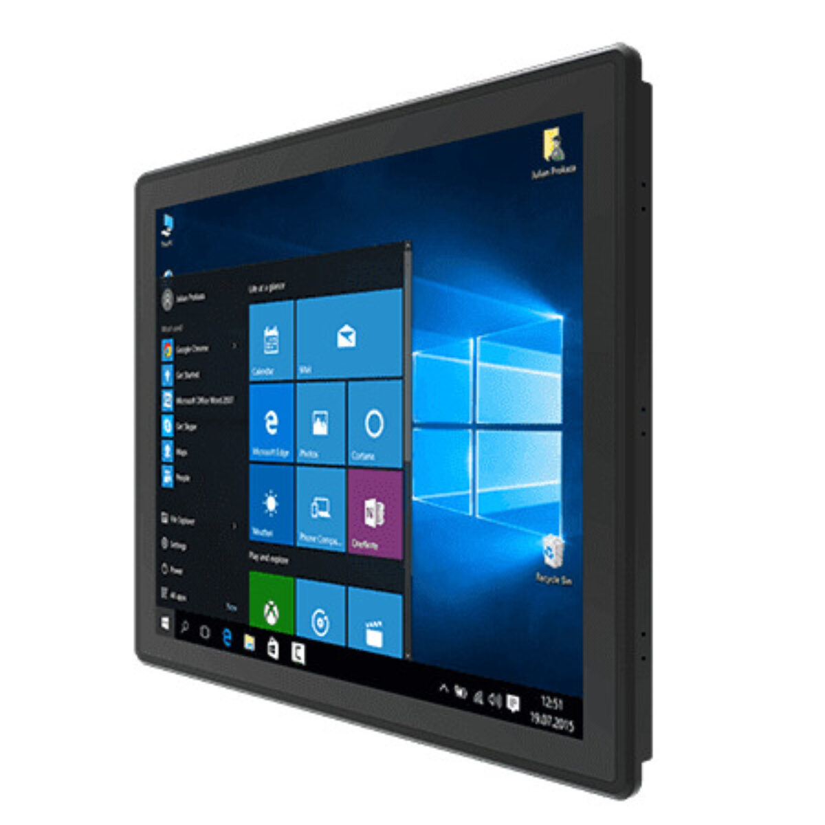 Winmate R17ITWS-MHA1-EX panel PC, angled front view of the flat black front