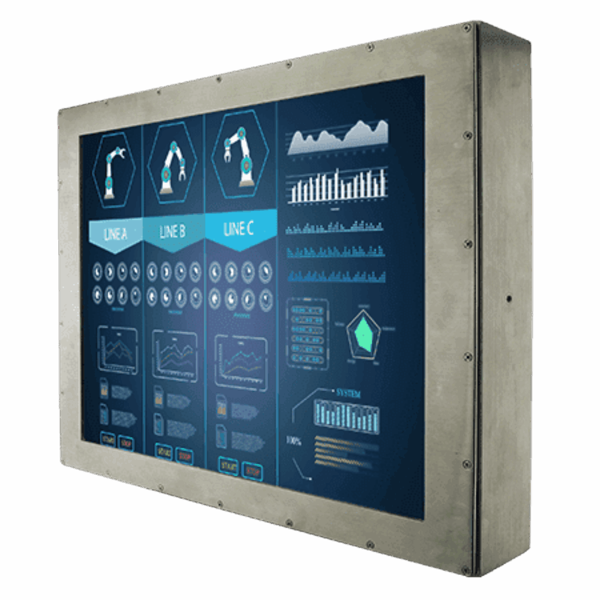 Winmate R17L100-67M1ST stainless steel monitor, angled front view of the bolted stainless chassis
