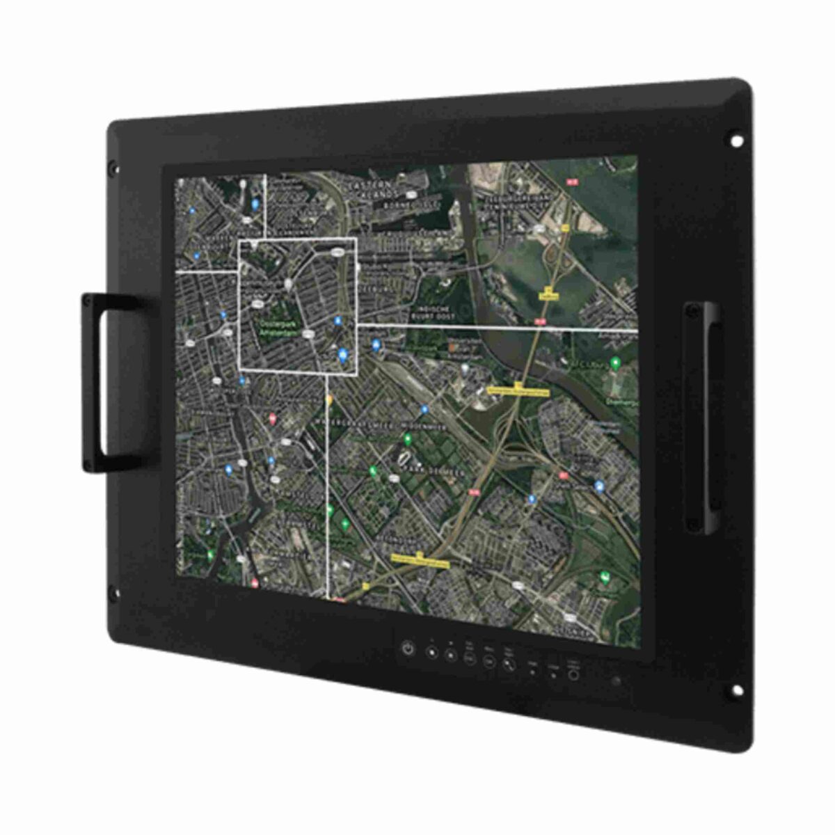 Winmate R17L100-MLA1FP rack mount monitor, angled front view with handles and map on screen